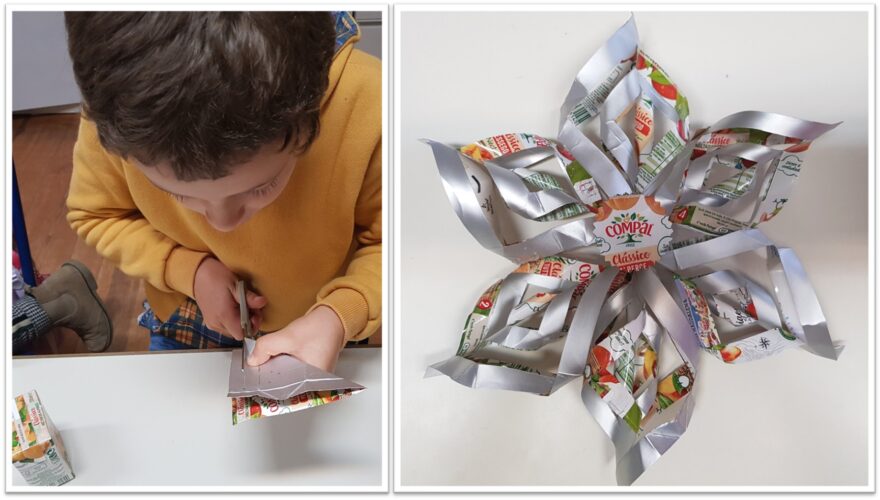 Estrela de Natal: a partir de 6 quadrados recortados de embalagens pequenas da Compal que se enrolam, montam e juntam.