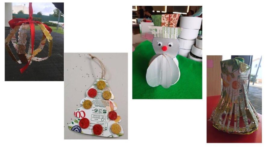 Enfeites com formas variadas: bola, pinheiro, boneco de neve e sino.