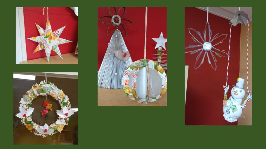 Os enfeites realizados representam símbolos natalícios, usualmente utilizados para decorar a Árvore de Natal e as casas