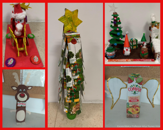 Podemos observar vários enfeites: Trenó ecológico; Rena; Árvore de Natal CCC (Com Compal Consigo!); A casa do Pai Natal; Anjo Compálico...para um natal saboroso e abençoado!