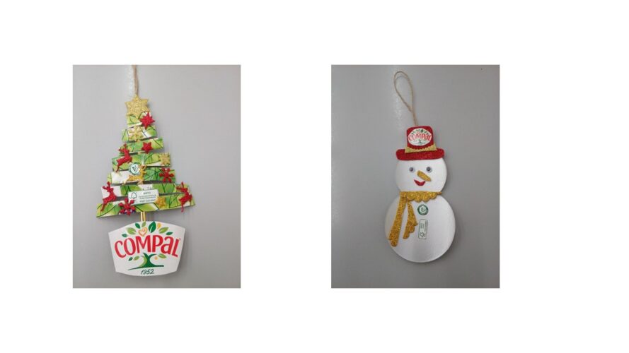 Árvore e Boneco de neve, com vários materiais adereçados, com recorte e colagens, com destaque para logótipos que revelam a qualidade das embalagens