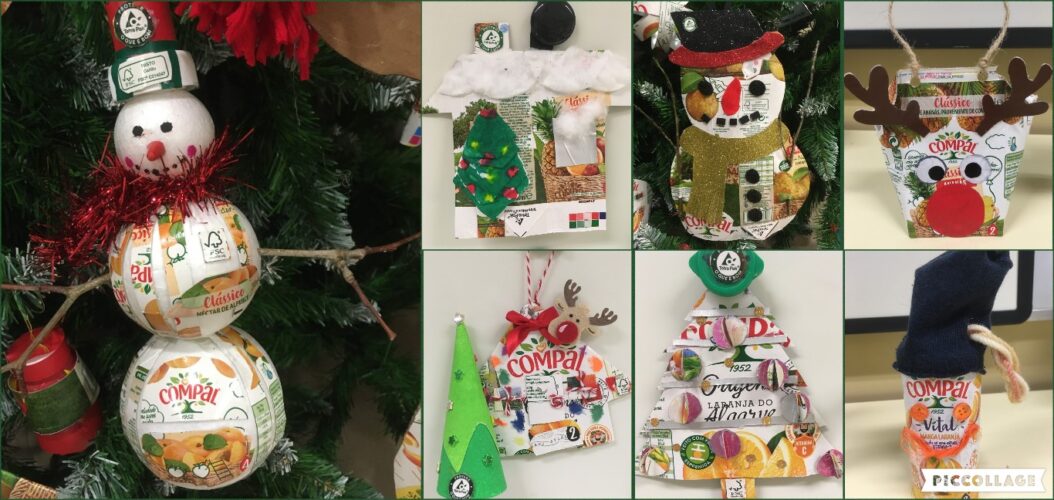 Bonecos de neve, rena, casas e árvore de natal