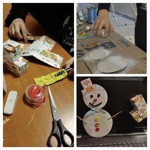 Materiais utilizados e processo de construção de um boneco de neve e de uma bota, sendo visíveis os símbolos FSC® e a marca Compal da embalagem Tetra Pak usada.