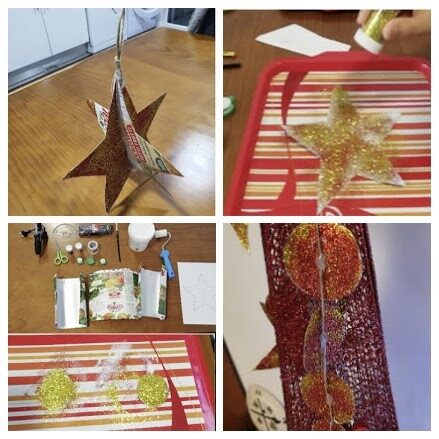 Materiais utilizados e processo de construção de uma estrela de Natal com bolas douradas.
