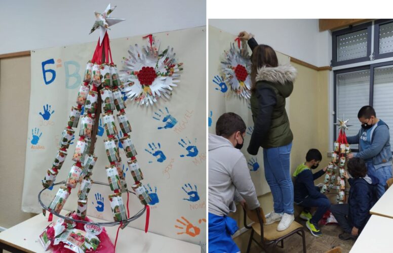 Árvore de Natal<br/>A árvore de Natal e a coroa de Natal foram construídas apenas com embalagens da Compal presas num suporte de arame.