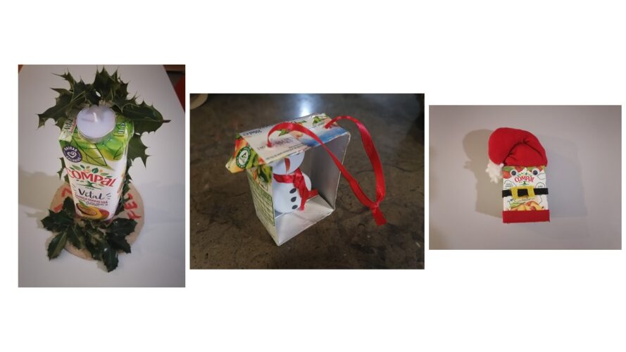 Enfeites sem desfazer as embalagens, utilizando-as na sua forma original, acrescentando outros materiais (tecido, fitas, tampas...) e produtos naturais associados ao Natal, simbolizando as velas, bonecos de neve e Pai Natal